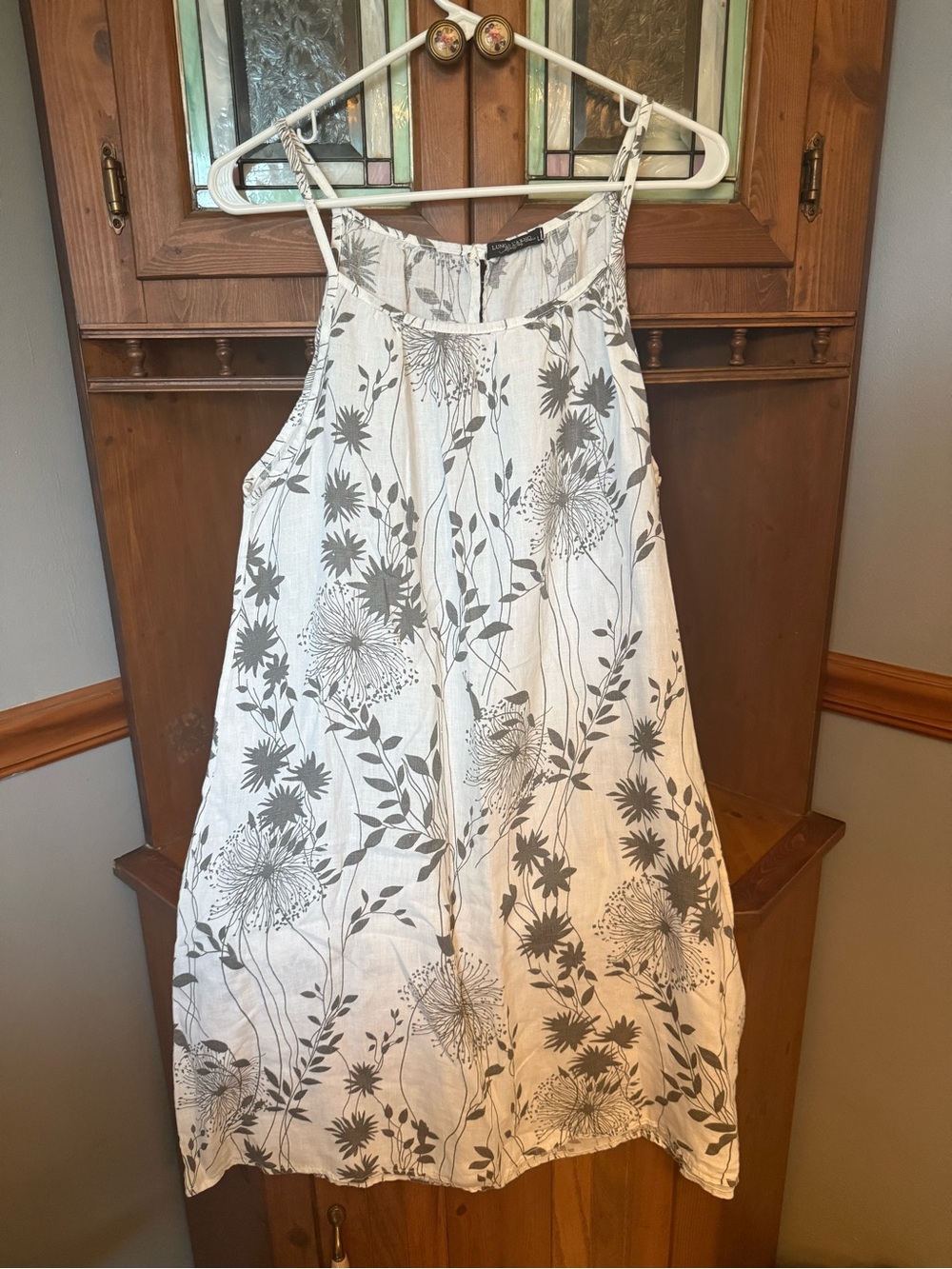 Lungo L’Arno 100% Linen Floral Halter Shift Dress - White & Grey L